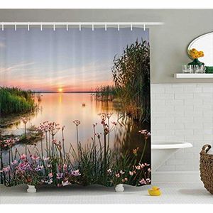 Vixm Nature Rideau de douche Coucher de soleil au lac Chudskoy Estonie Vue Printemps Fleurs Paysage Po Tissu Rideaux de bain 210609