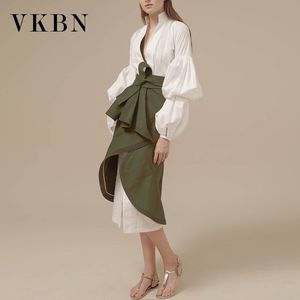 VKBN Herfst Fashion 2 Stuk Sets Womens Outfits Stand Collar Office Lady Lantern Lange Mouw Blouse + Onregelmatige Rok 210507