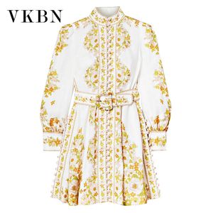 VKBN jurken voor vrouwen partij lantaarn mouw boven knie mini print floral met riem hoge taille lente herfst 210507