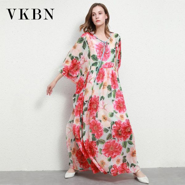 VKBN Soie Femmes Robe Casual Impression Florale Trois Quarts Plus Taille Lâche Fête Femelle Maxi Robes Femmes 210507