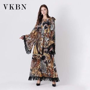 VKBN Spring and Automne S Long Robe Femme Animal Imprimé à manches longues Flare Sleeve Maxi Robes pour femmes O-Neck Fashion 210507