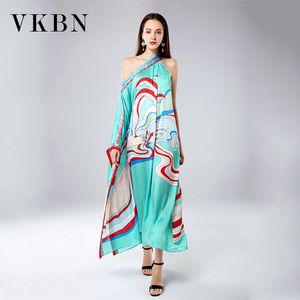 VKBN Spring and Summer Dress Dames Mouwloze Strapless Print Mode Elegante Jurk Plus Size Fabriek Gemaakt 60% Silk 210507