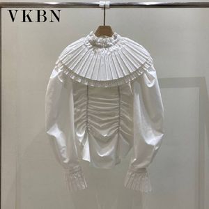 VKBN Spring Herfst Koreaanse Mode Kleding Plus Size Lange Mouw Dames Shirts Blouses Mandarin Collar Flare Sleeve 210507