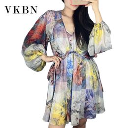 VKBN Zomerjurk Dames Lange Lantaarn Mouw V-hals Casual Afdrukken 2 Stuk Set Losse Vestidos de Fiesta 210507