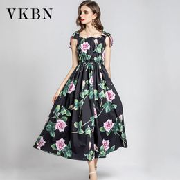 VKBN robe d'été femmes Spaghetti sangle Slash cou taille élastique Fshion Rose imprimer s robes sans manches longues 210507