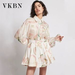 VKBN été mode 2 pièces ensembles femmes tenues col rabattu à manches longues imprimer Sexy deux pièces chemises et jupes 210507