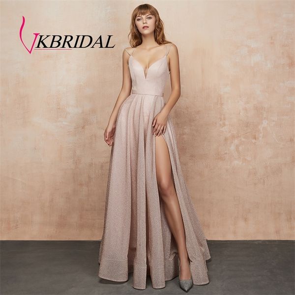 VKbridal Homecoming Robes avec poche col en V Sparkle A-Line Prom Party Robes longues pour les filles Plus robe de soirée haute fente 201113