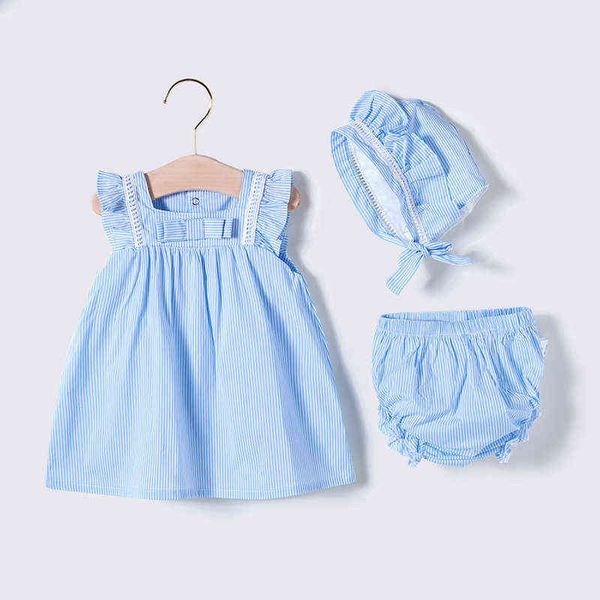 Vlinder, vestido para niña, ropa para bebé, estilo princesa de verano, lindo vestido con pajarita, vestidos azules de manga corta para recién nacidos, conjunto de 3 uds G1129