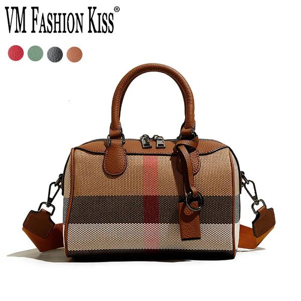 VM FASHION KISS Femmes Oreiller Sac À Main Rayé Toile En Cuir Véritable Classique Sac À Bandoulière Messenger Top Poignée Sac Polyvalent 240226