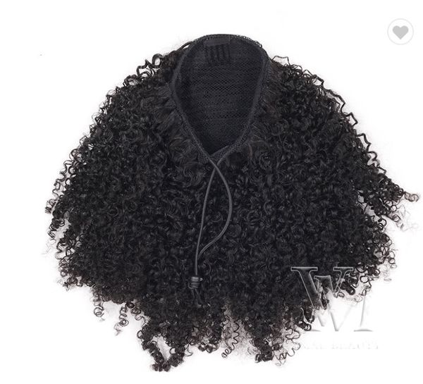 VMAE Mongol Afro Curly 4A 4B 4C 3A 3B costum 3c Cordon Queue de Cheval Noir Naturel 12 à 26 Pouces 120g Tissage de Cheveux Humains Bande Élastique Cravates