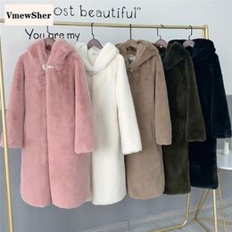 VmewSher Nouveau 4XL Hiver Femmes Faux Lapin Manteau De Fourrure De Luxe Long Manteau De Fourrure À Capuchon Pardessus Épais Chaud Plus Taille Femelle Manteaux En Peluche 201212