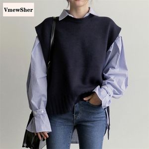 VmewSher Nouveau côté fente sangles femmes pull gilet automne lâche vintage col en v sans manches pull tricoté gilet décontracté 201214