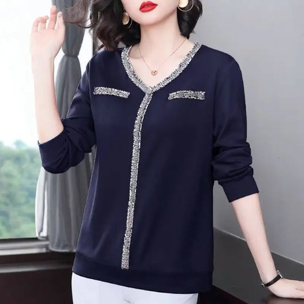 Vneck brillant soie rayé grande taille vintage moyen personnes âgées femmes vêtements printemps été à manches longues coton t-shirts mince 240124