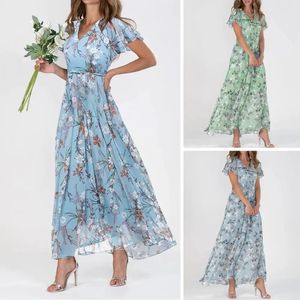 Robe Maxi à volants, col en v, manches courtes, taille haute, serrée, ourlet fluide, imprimé Floral, vêtements féminins en mousseline de soie, 240320