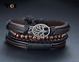Vnox 4 pièces ensemble tressé Wrap bracelets en cuir pour hommes Vintage arbre de vie gouvernail charme perles de bois ethnique Tribal bracelets 1790870