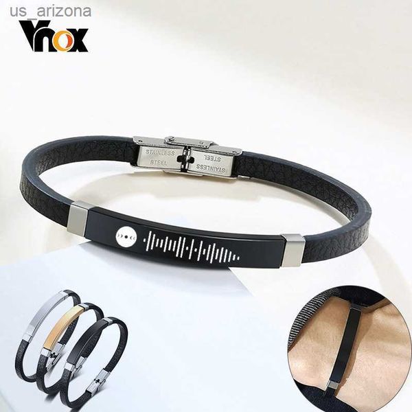 Vnox personalizar grabar pulsera delgada para hombre brazalete de cuero negro personalizado Audio código nombre Casual hombre joyería regalo L230620