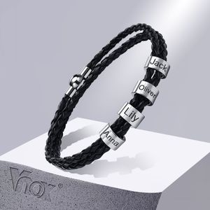 Vnox gratis aangepaste naam heren gevlochten echte lederen armband geschenken sieraden, roestvrijstalen kralen charme met familienamen