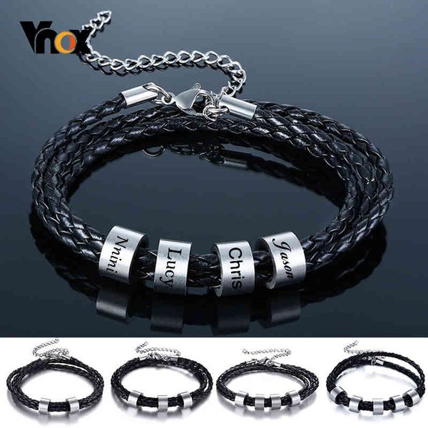 Vnox gratuit personnaliser les bracelets de nom de famille pour les hommes en cuir en couches avec des perles bracelet à breloques cadeau d'anniversaire de couple à papa fils