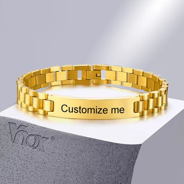 Vnox – Bracelets d'identification en acier inoxydable pour hommes, couleur or, gravure gratuite, nom et Date, cadeau personnalisé, 240227