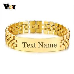 Vnox Pulseras con etiqueta de identificación de 15 mm de ancho para hombre con grabado personalizado gratuito Nombre Información de amor Banda de reloj de 3 colores Pulsera de cadena de eslabones envolventes 240301