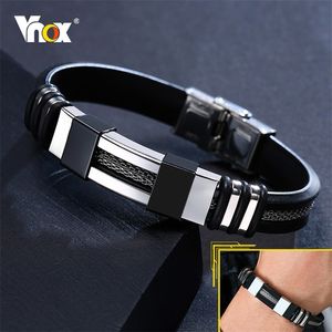 Vnox roestvrijstalen armband heren polsband zwart gegroefd roer siliconen mesh link insert punk polsband stijlvolle casual armband 220726