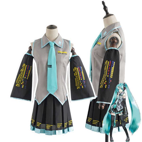 Vocaloid Miku Cosplay Peluca Traje Japón Midi Vestido Principiante Futuro Mujer Halloween Mujeres Hombres Tamaño Y0913