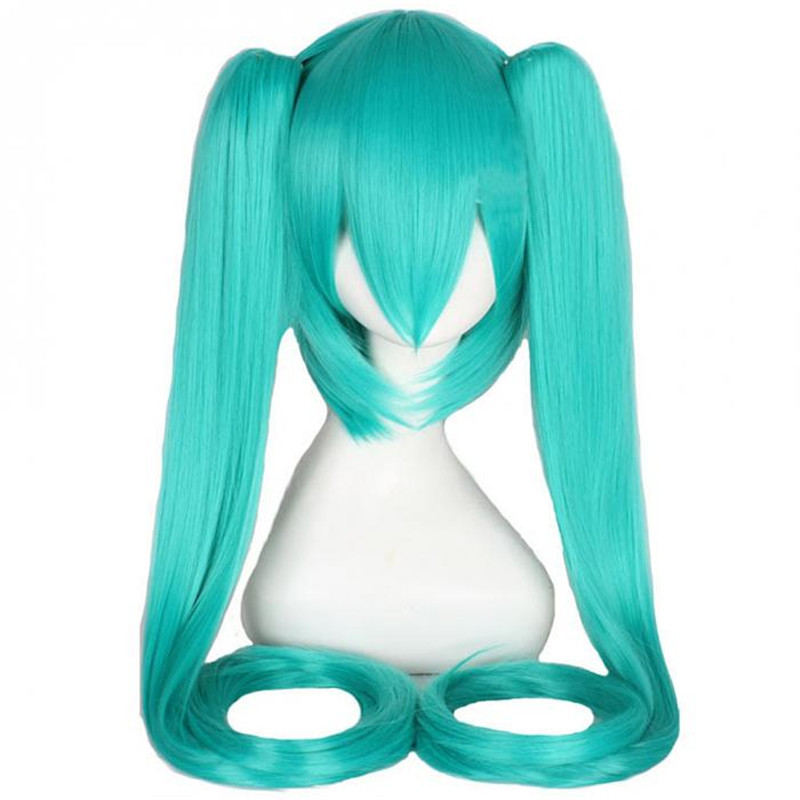 WoodFestival Party Anime Cosplay Wig Synthetic Hair Long Green Wigs With Bangs Straight Female 2 Clip On Double Ponytail