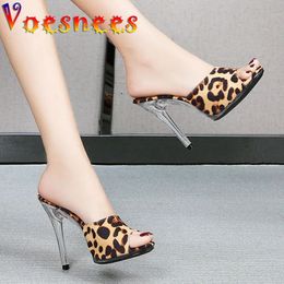 Voesnees 2021 Summer Women Wild Nature Leopard Print Slippers 11CM Sexy Open Toe Stiletto Shoes New Fashion Office Sandals Shoes