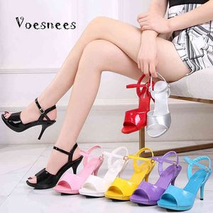 Voesnees merk elegante sandalen vrouw schoenen sexy hoge hakken pumps fijne hak banket kleurrijke sandalen octrooi lederen rode sexy schoen x0523