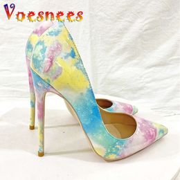 VOESNEES Color Gradiente Color Femenino Talones puntiagudos de 12 cm Moda Damas Stiletto Bombas Coloridos Zapatos de fiesta de gran tamaño Mujer