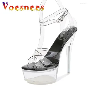 Voesnees Transparent Crystal Sandals Chaussures de mariage Plateforme Femmes Super High Heel14cm 2024 Arrivée Femme Pole Dance 6221