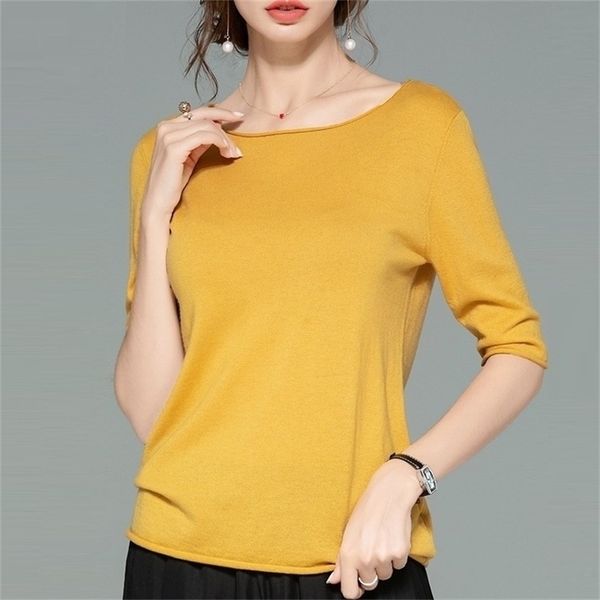VOGGIN Merino suéteres de lana para mujeres de tres cuartos de manga top pullovers dobladillo o cuello capa base damas ropa peinada 2020 lj201112