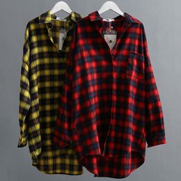 VogorSean Automne Coton Plaids Femmes Blouses Chemise Haute Qualité Mode Plus Taille Femmes Chemises Plaid Tops Rouge / Jaune 210315
