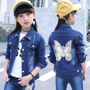 Vogueon Girls Denim Jacket Cardigan Jas Kids Jeans Uitloper Butterfly Borduurwerk Pailletten Kinderkleding Lente Kleding 211011