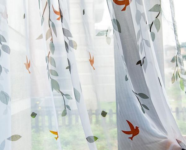 Cortina transparente de gasa con estampado de hojas de pájaros, decoración del hogar, ventana, puerta, cortinas de tul blanco, cenefas para sala de estar, dormitorio, coche, Kitch6175911