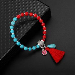 Vulkanische rots kralen strengen armband kwast turquoise hanger natuursteen genezende edelsteen ronde armbanden hiphop sieraden voor vrouwen