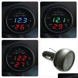 Voltmeters 3 in 1 Vst-706 Digitale Led Auto Voltmeter Thermometer Usb-oplader 12V / 24V Temperatuurmeter Sigarettenaansteker Drop Delivery Otyew