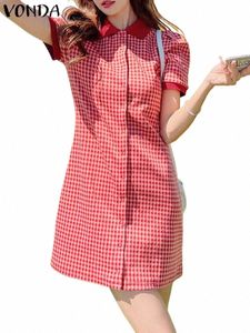 Vonda 2024 Zomer Vrouwen Plaid Dr Mini Sundr Fi Gedrukt Korte Bladerdeeg Mouw A-lijn Butt Bohemian Strand Shirt Vestidos n7me #