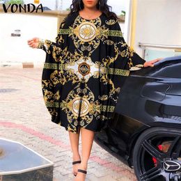 VONDA décontracté Baggy vacances robes Robe surdimensionné bohème Vintage imprimé Robe d'été élégant femmes automne Robe à manches longues 220613