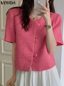 Vonda Fashion Summer Women Blazer Korte Mouw Solid Color Coats Knoppen Casual Loose Elegant Office Basic Shirts 240507