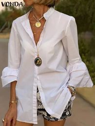 Vonda Fashion Femmes Chemises Solid Flare Sleeve Elegant Blouse V Neck Button Bureau Sexy Casual Tops Tops Blusas Femininas 240321