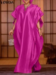 VONDA Maxi vestido de gran tamaño para mujer elegante manga corta con volantes satén seda fiesta vestido veraniego 2024 Casual suelto Color sólido bata de verano 240315