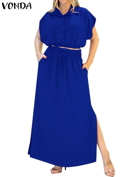 VONDA – ensemble robe d'été pour femmes, décontracté, couleur unie, manches courtes, hauts à la mode et taille élastique, jupe longue, boutons assortis, 240326