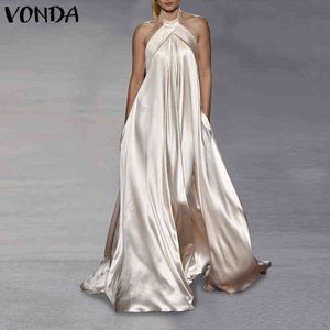 VONDA Summer Party Maxi Robe 2021 Femmes Sexy Dos Nu Sans Manches Hors Épaule Robes Longues Kleid Robe Satin Slik Robes Y1204