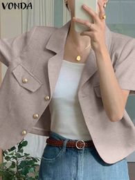 Vonda Femmes Elegant Blazer Collier de combinaison à manches courtes Collier TUNIQUE TOPS SUMME COULEUR SOLD COURSES COSTRAUX FEMME 240417