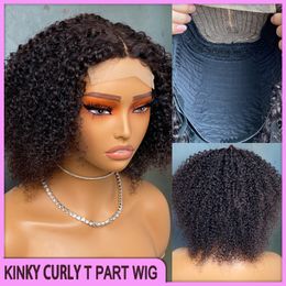 Vonder Malasia Peruano Brasil Natural Black Kinky Curly T Part Wig 100% Raw Virgin Remy Cabello humano 8 pulgadas en venta