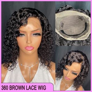 Vonder Prix Brésilien Péruvien Indien 100% Vrigin cru Human Human 10 pouces Black Deep Wave 360 ​​Brown Lace Frontal Wig