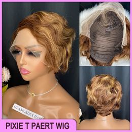 Vonder Prijs Peruaanse Indiase Braziliaanse P4/27 100% rauwe maagd Remy Human Hair Wave Pixie Curly Cut T Part Wig P19