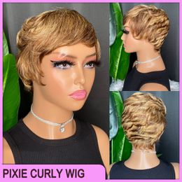 Vonder prijs topkwaliteit Braziliaanse Peruaanse Indiase 100% Vrigin Raw Remy Human Hair P4/27 Pixie Curly Short No Lace Bang Wig