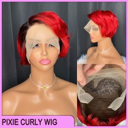 Vonder precio de calidad superior brasileño peruano indio 100% Vrigin crudo Remy cabello humano 1b rojo Pixie Rizado corto 13x1 peluca de encaje